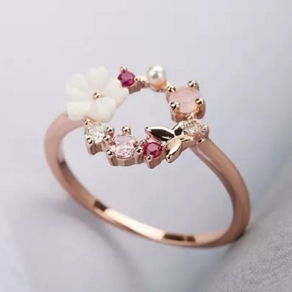 Rose Gold Flower & Butterfly Circle Halo Ring - Picture 3 of 5